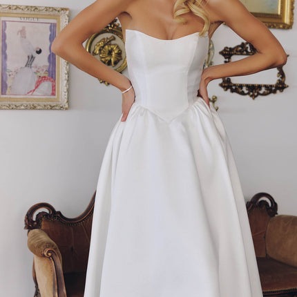Amoris T822W Elegant Mikado Midi Strapless Wedding Reception Gown