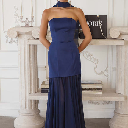 Amoris T825 Strapless Satin Bodice Pleated Chiffon Skirt Fitted Dress