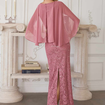 Amoris T906 Sequin Lace Gown Detachable Sheer Cape Overlay