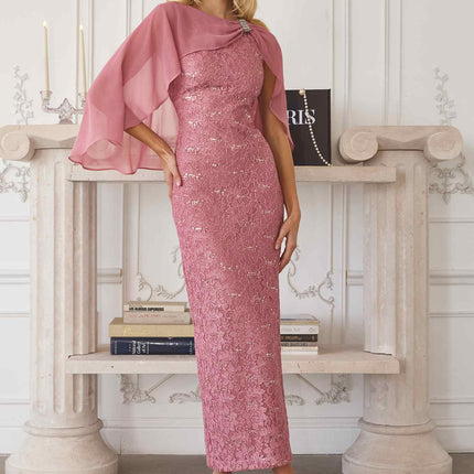 Amoris T906 Sequin Lace Gown Detachable Sheer Cape Overlay