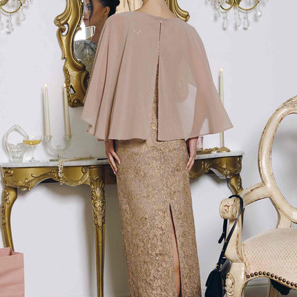 Amoris T906 Sequin Lace Gown Detachable Sheer Cape Overlay