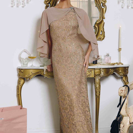 Amoris T906 Sequin Lace Gown Detachable Sheer Cape Overlay