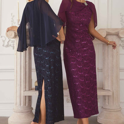 Amoris T906 Sequin Lace Gown Detachable Sheer Cape Overlay