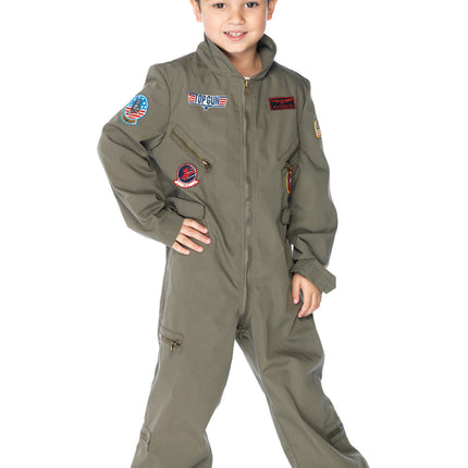 Boys 1 PC Top Gun Flight Suit Costume, Includes Zip-Up Jumpsuit with Badge Accents - Khaki - LARGE