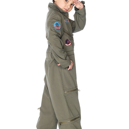 Boys 1 PC Top Gun Flight Suit Costume, Includes Zip-Up Jumpsuit with Badge Accents - Khaki - LARGE