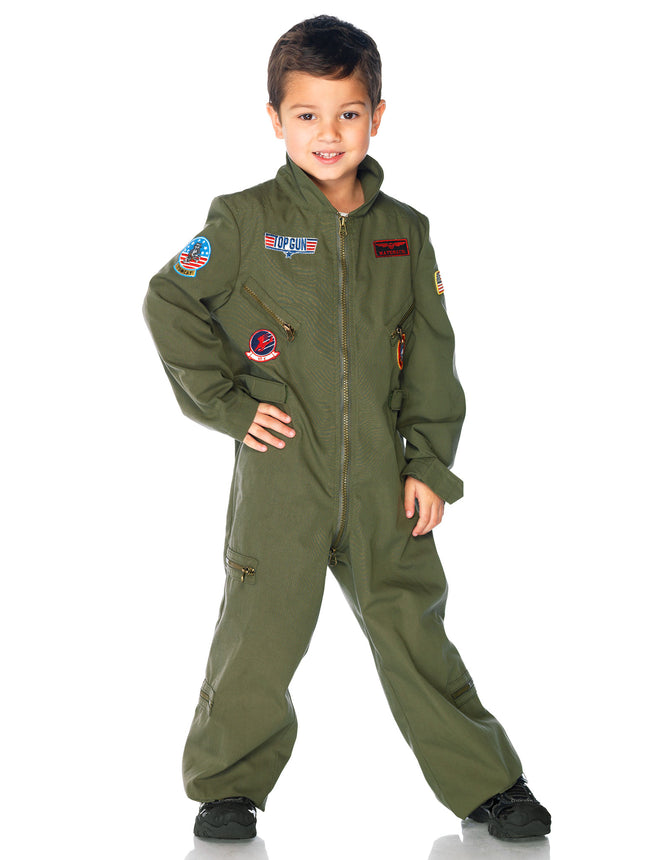 Boys 1 PC Top Gun Flight Suit Costume, Includes Zip-Up Jumpsuit with Badge Accents - Khaki - LARGE