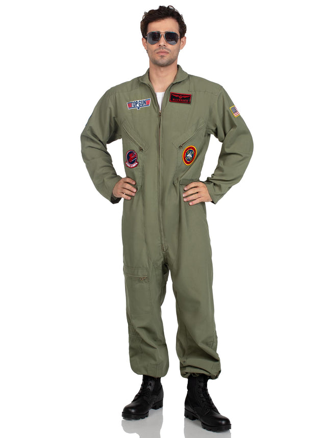 Men’s 1 PC Top Gun Flight Suit Costume, Includes Zip-Up Jumpsuit with Interchangeable Maverick and Goose Name Badges - Khaki - SML/MED