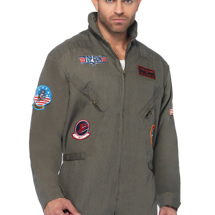 Men’s 1 PC Top Gun Flight Suit Costume, Includes Zip-Up Jumpsuit with Interchangeable Maverick and Goose Name Badges - Khaki - 3X