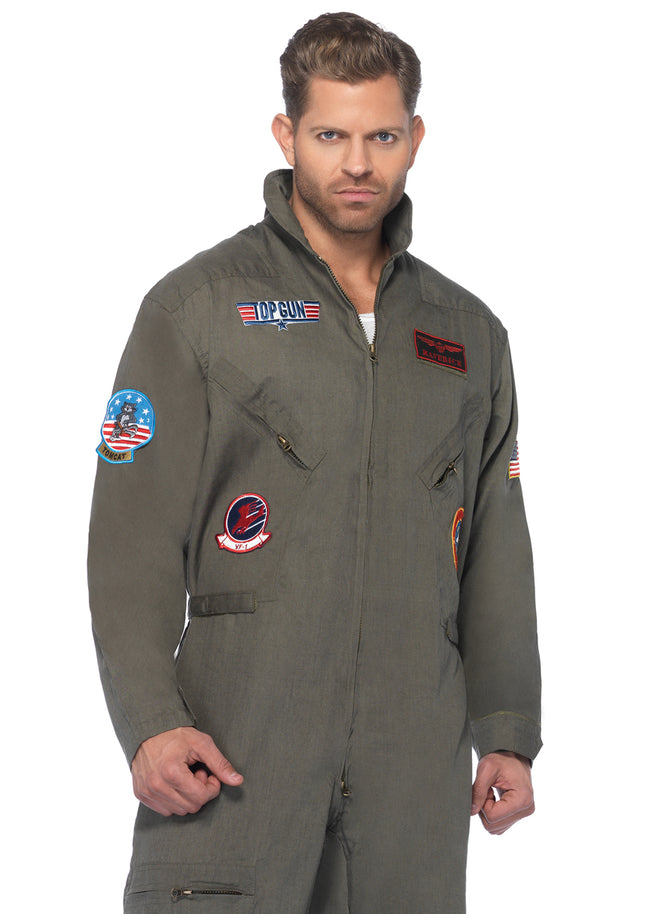 Men’s 1 PC Top Gun Flight Suit Costume, Includes Zip-Up Jumpsuit with Interchangeable Maverick and Goose Name Badges - Khaki - 3X