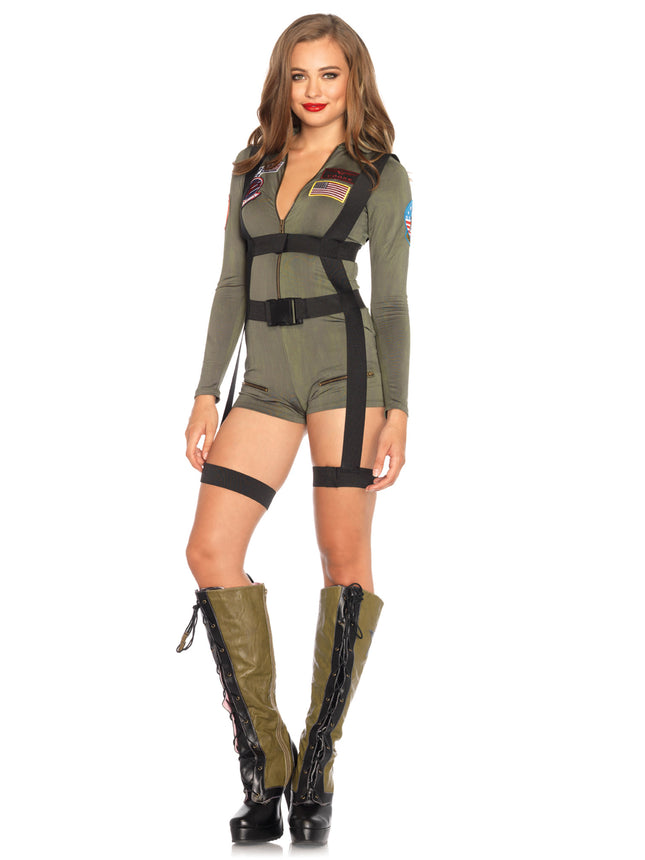 2 PC Top Gun Romper Flight Suit Costume, Includes Zip-Up Spandex Romper with Interchangeable Maverick and Goose Name Badges and Elastic Body Harness - Khaki - MEDIUM