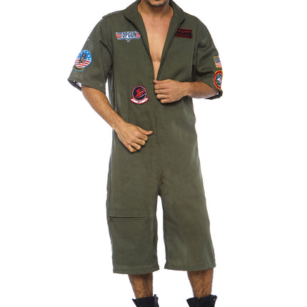 Men’s 1 PC Top Gun Pilot Costume, Includes Board Short Jumpsuit with Interchangeable Maverick and Goose Name Badges - Khaki - MEDIUM