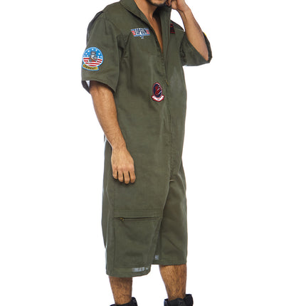 Men’s 1 PC Top Gun Pilot Costume, Includes Board Short Jumpsuit with Interchangeable Maverick and Goose Name Badges - Khaki - MEDIUM