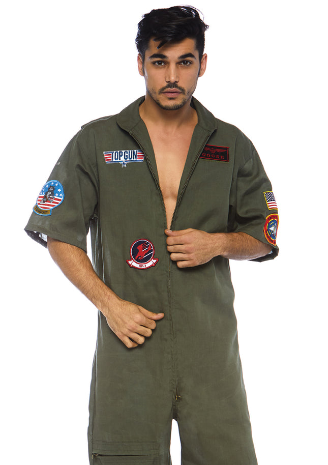 Men’s 1 PC Top Gun Pilot Costume, Includes Board Short Jumpsuit with Interchangeable Maverick and Goose Name Badges - Khaki - MEDIUM