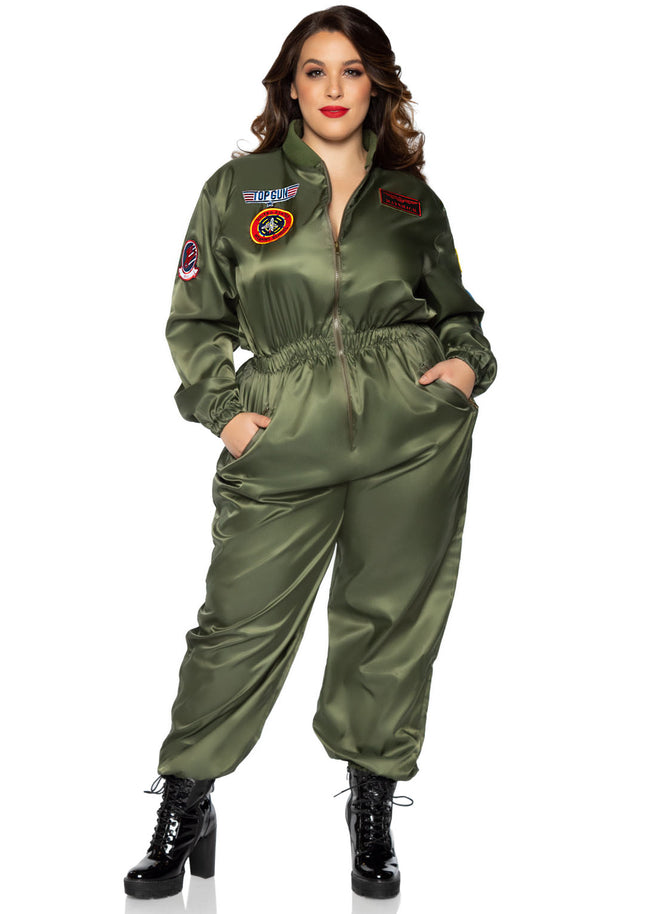 Plus Size 1 PC Top Gun Parachute Flight Suit, Includes Zip-Up Nylon Jumpsuit with Interchangeable Maverick and Goose Name Badges - Khaki - 3X-4X