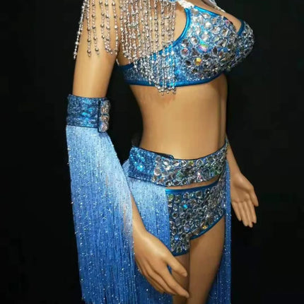 Royal Blue Rhinestone Fringe Bodysuit & Shoulder Epaulets Stage Performance Costume Set