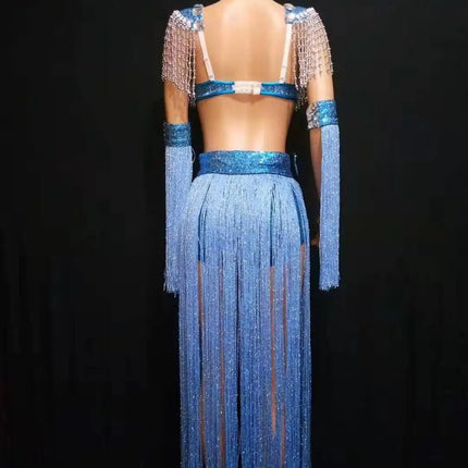 Royal Blue Rhinestone Fringe Bodysuit & Shoulder Epaulets Stage Performance Costume Set