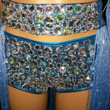 Royal Blue Rhinestone Fringe Bodysuit & Shoulder Epaulets Stage Performance Costume Set