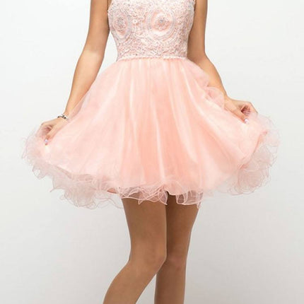 Ladivine UJ0119 Short Appliqued Bodice Halter Tulle Skirt Dress
