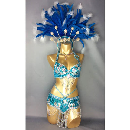 The Stardust Azure Goddess – Handmade Turquoise Feathered Samba & Belly Dance Costume Set