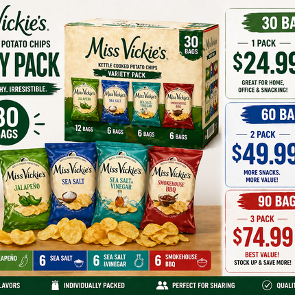 Miss Vickie’s Kettle Cooked Chips Variety Pack 30 Bags – Premium Crunch Snack Box