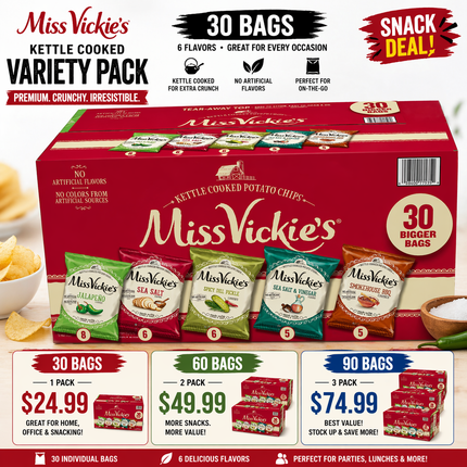 Miss Vickie’s Kettle Cooked Chips Variety Pack 30 Bags – Premium Crunch Snack Box