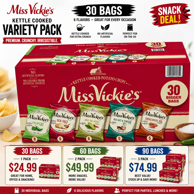 Miss Vickie’s Kettle Cooked Chips Variety Pack 30 Bags – Premium Crunch Snack Box