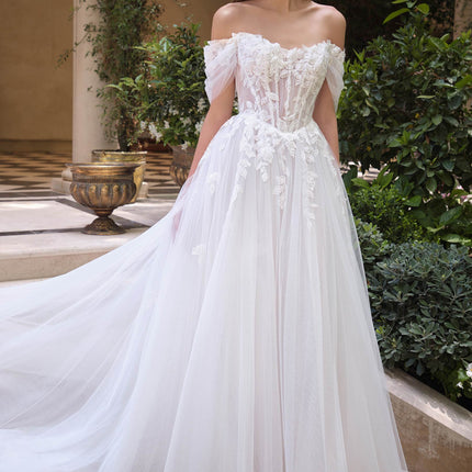 Andrea & Leo WL089 Off Shoulder Floral Lace Applique A-Line Wedding Gown