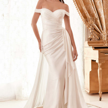 CLEARANCE - Ladivine WN315 Long Draped Off The Shoulder Bridal Gown With Overskirt (Size 10)