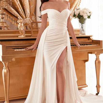 CLEARANCE - Ladivine WN315 Long Draped Off The Shoulder Bridal Gown With Overskirt (Size 10)