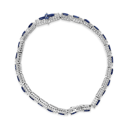 Sterling Silver Dark Blue Sapphire and Topaz Marquise Floral Art Deco Link Bracelet