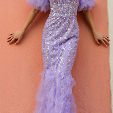 Nox Anabel Y1476 Long Beaded Detail Detachable Puff Sleeve Mermaid Gown