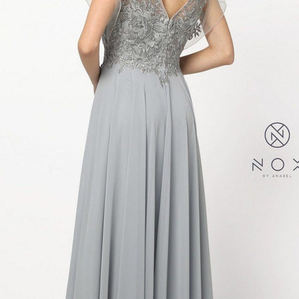 CLEARANCE - Nox Anabel Y526 Long V-Neck Silver Long Dress (Size 2XL)