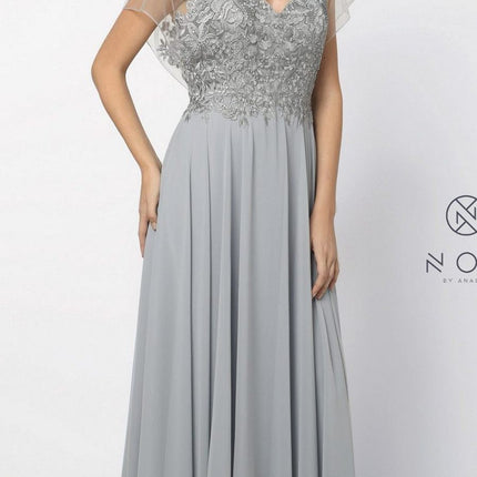 CLEARANCE - Nox Anabel Y526 Long V-Neck Silver Long Dress (Size 2XL)