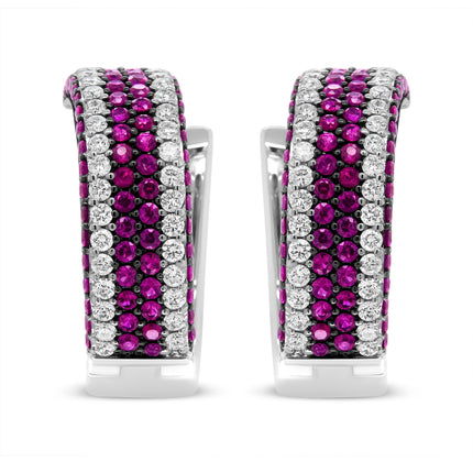 18K White Gold 1 7/8 Cttw Diamond and 1mm Round Red Ruby Open Swish Hoop Earrings (F-G Color, VS1-VS2 Clarity)