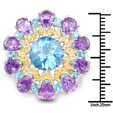 8.86 Carat Genuine London Blue Topaz and Amethyst .925 Sterling Silver Ring