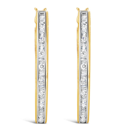 10K Yellow Gold 1.00 Cttw Round and Baguette-Cut Diamond U-Hoop Earrings (H-I Color, SI2-I1 Clarity)