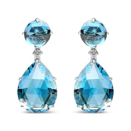 18K White Gold 1/5 Cttw Diamond with Round London Blue Topaz and 20 x 15mm Pear Cut Sky Blue Topaz Gemstone Dangle Earring (G-H Color, SI1-SI2 Clarity)