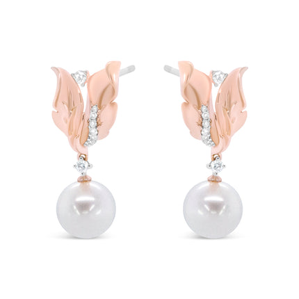 14K Rose Gold 1/6 Cttw Round Diamond and 8mm Round Pearl Floral Drop Stud Earrings (H-I Color, I1-I2 Clarity)