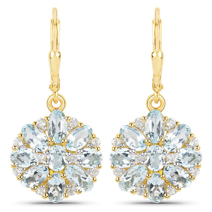 18K Yellow Gold Plated 4.58 Carat Genuine Blue Topaz and White Topaz .925 Sterling Silver Earrings