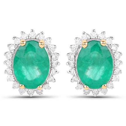 2.66 Carat Genuine Zambian Emerald and White Diamond 14K Yellow Gold Earrings