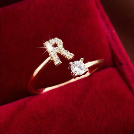 Adjustable Copper Initial Ring with Four-Claw Round Zirconia