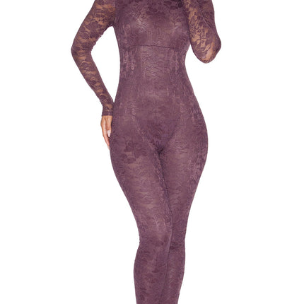 Private View 2-Piece Sheer Lined Lace Catsuit and G-String Set - Cocoa