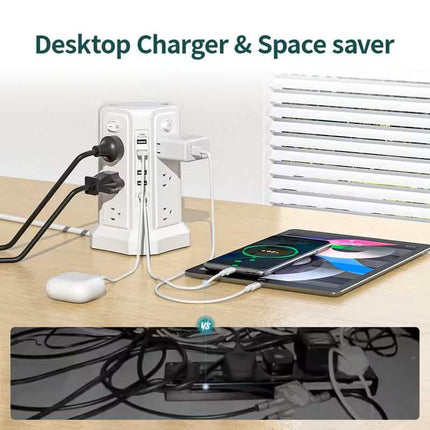 Surge Protector Tower 1800J with 4 USB A Ports, USB C (PD18W) Port, 12 AC Outlets and 10FT Cord