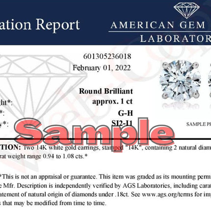 AGS Certified 14K White Gold 1.0 Cttw 4-Prong Set Brilliant Round-Cut Solitaire Diamond Push Back Stud Earrings (G-H Color, SI2-I1 Clarity)