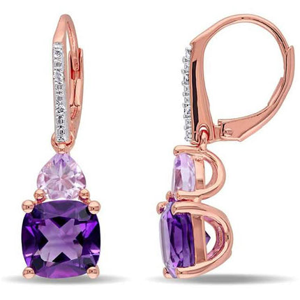 Amethyst and Tanzanite Duo Stone Dangling Leverback Earrings
