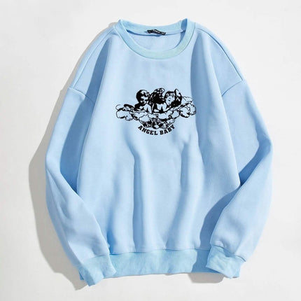 Angel and Letter Graphic Oversized Thermal Sweatshirt