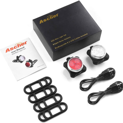 Ascher USB Rechargeable Bike Light Set