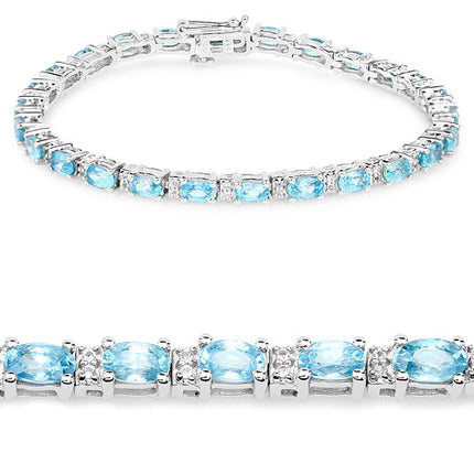 8.84 Carat Genuine Blue Zircon and Topaz White .925 Sterling Silver Bracelet
