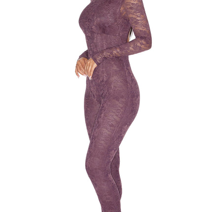Private View 2-Piece Sheer Lined Lace Catsuit and G-String Set - Cocoa