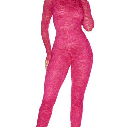 Private View 2-Piece Sheer Lined Lace Catsuit and G-String Set - Berry